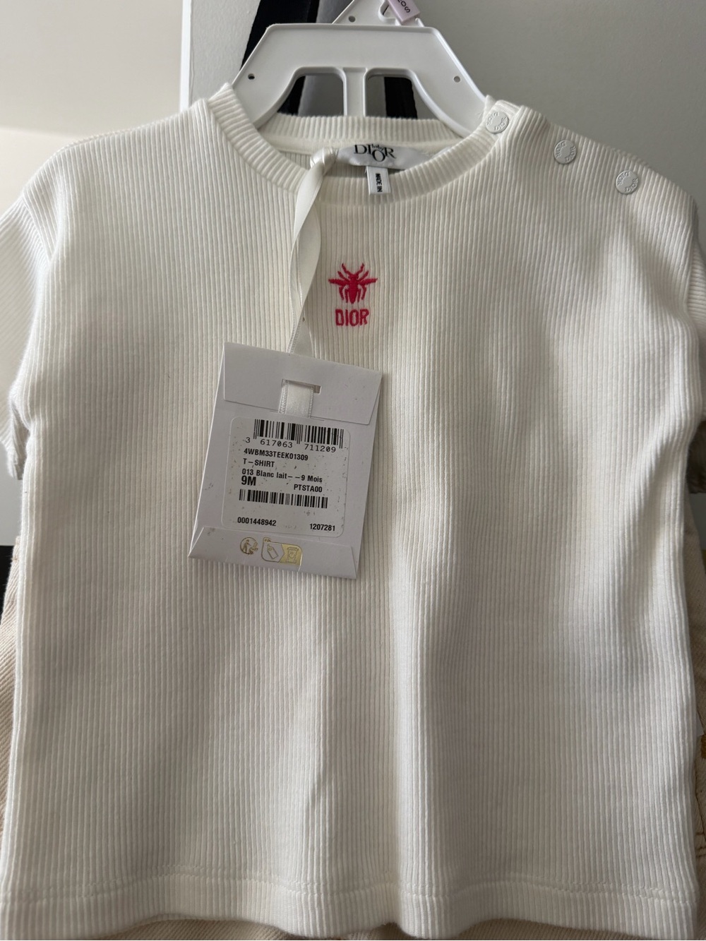 NWT Kids Dior White Ribbed Baby Tee with Pink Logo Shirt
